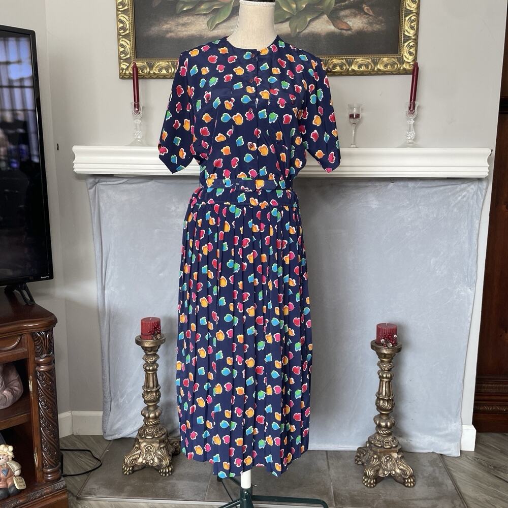 Vintage Liz Roberts Midi Pleaded Belted Dress Size 8